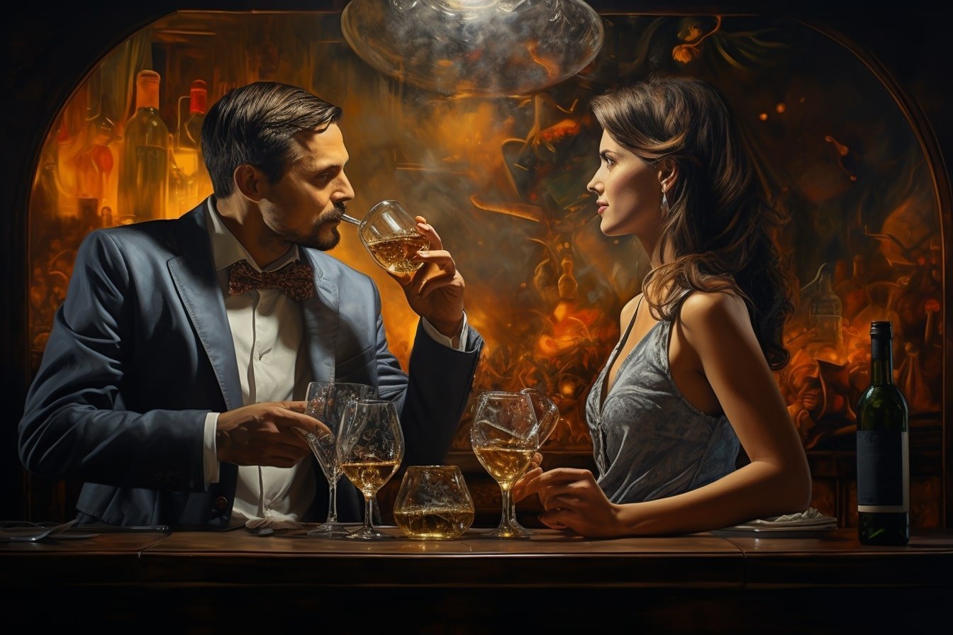 This shows a man and woman at a bar.
