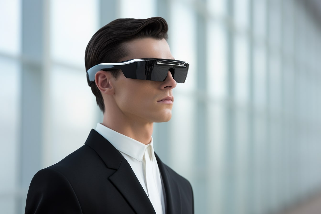 This shows a man wearing smart glasses.
