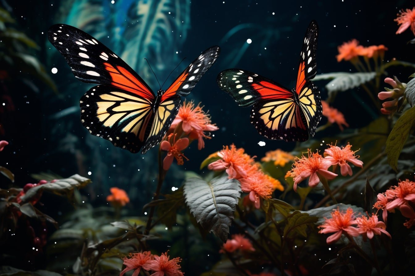 This shows butterflies in a garden.
