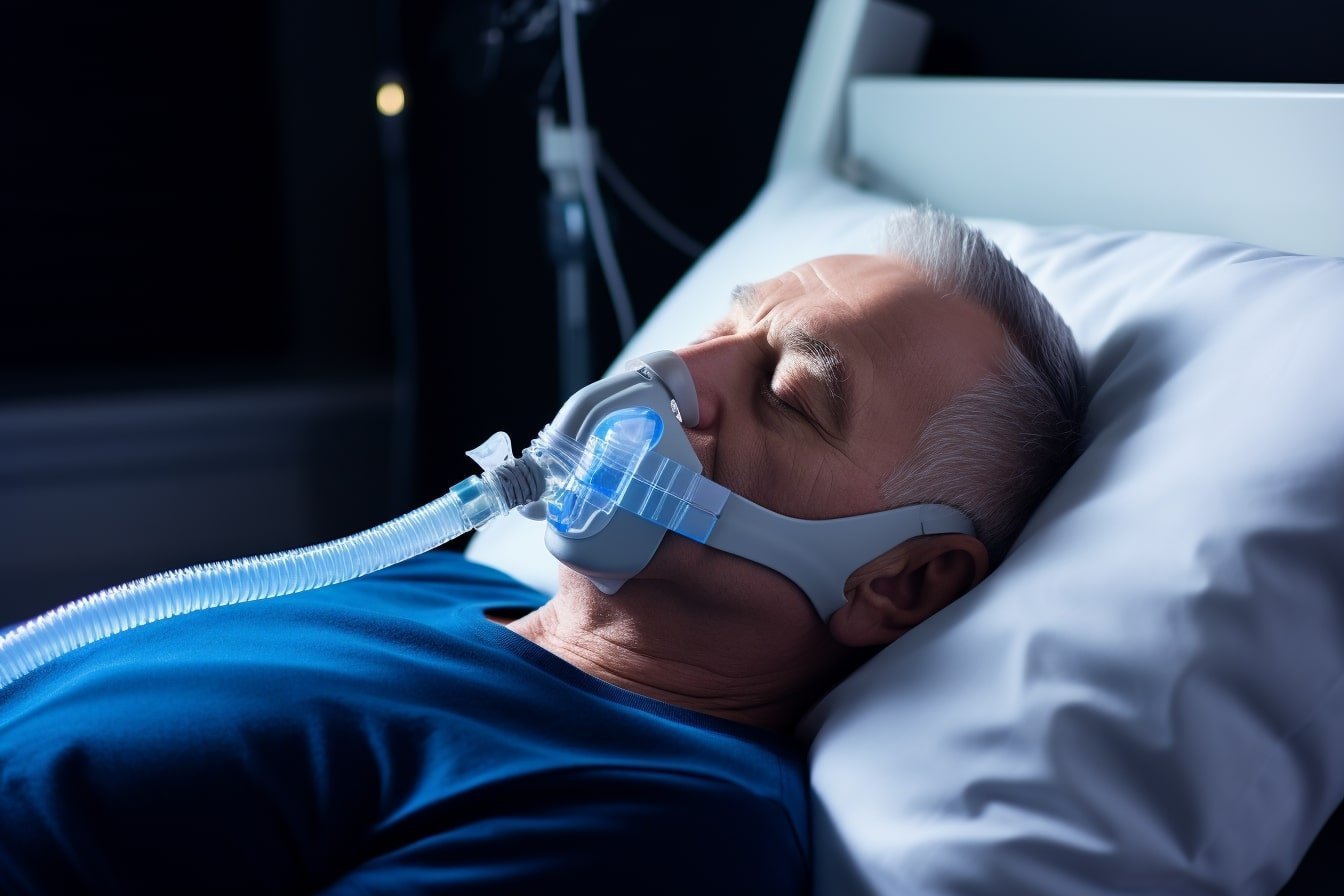 This shows a man sleeping with a CPAP on.