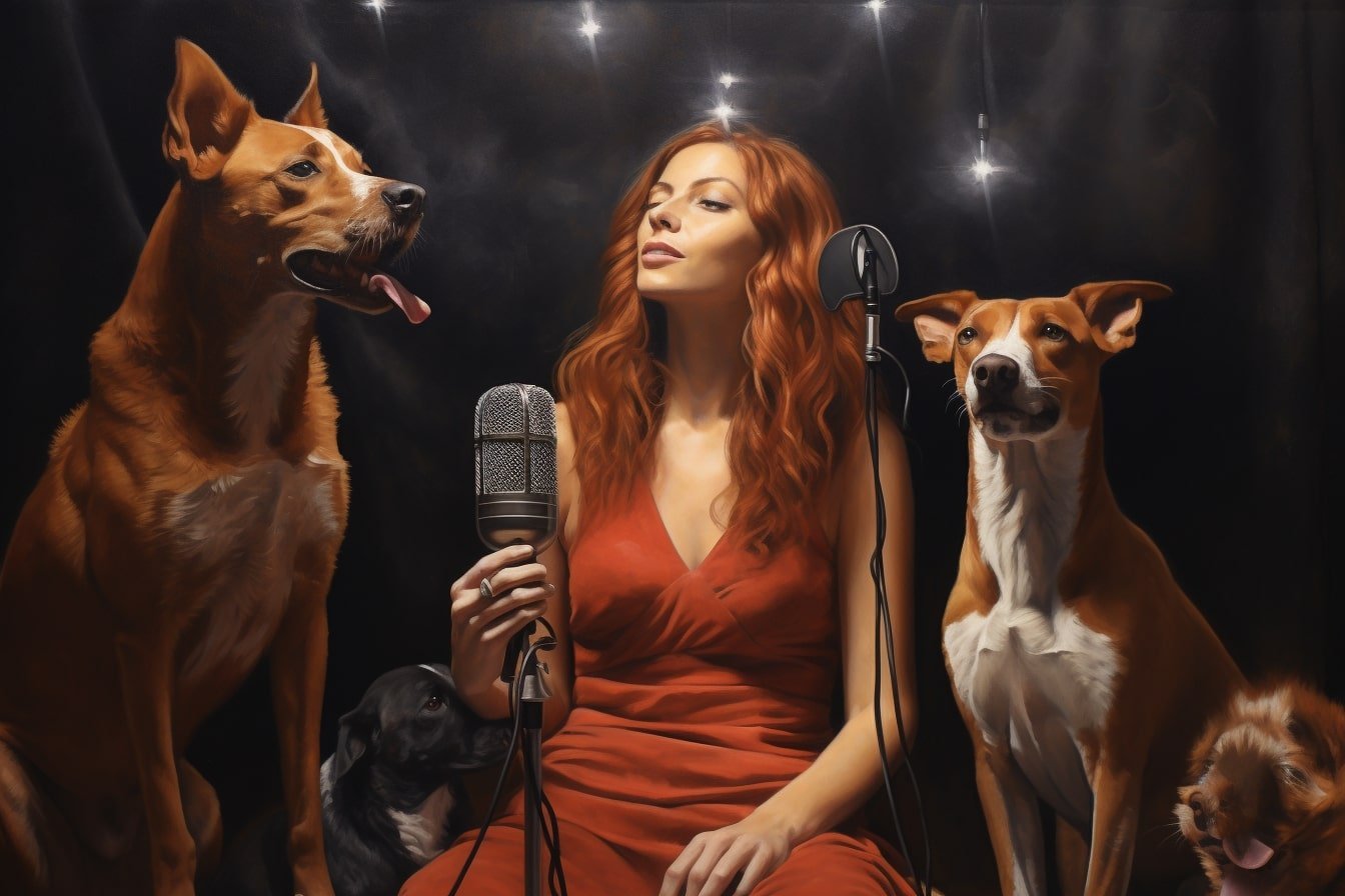 This shows a woman and two dogs.