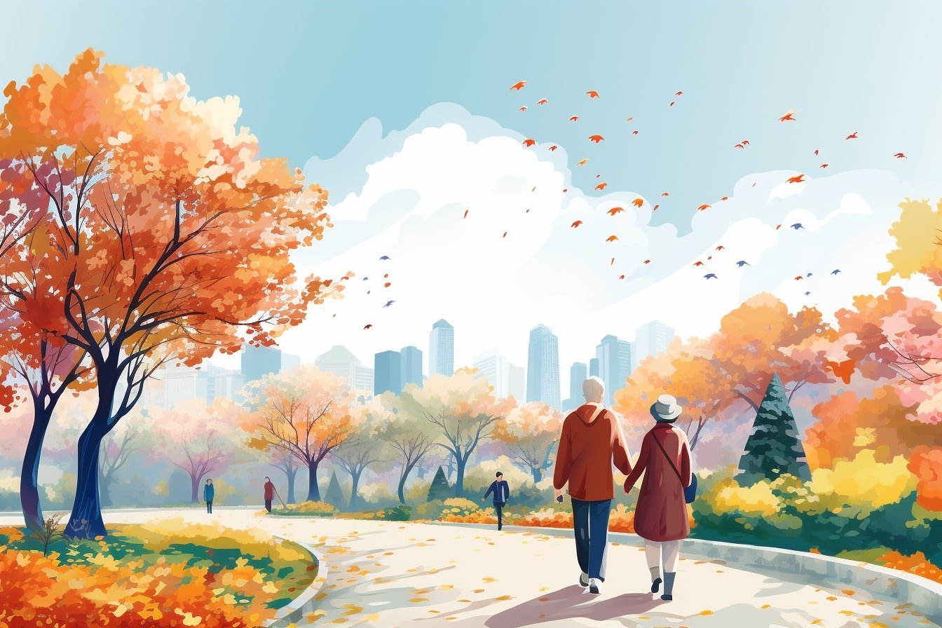 This shows an older couple walking in a park.