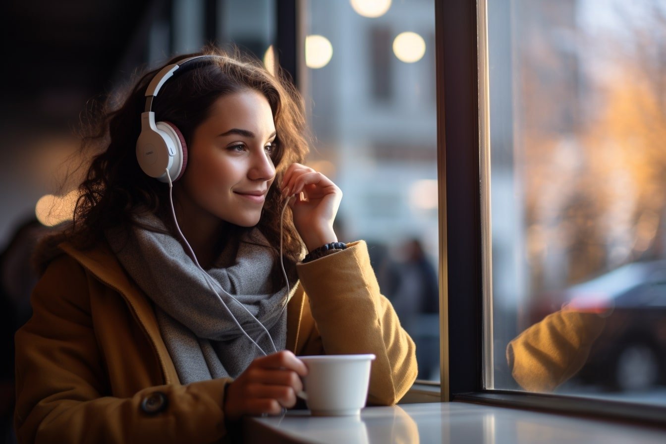 This shows a woman drinking coffee and listening to music.