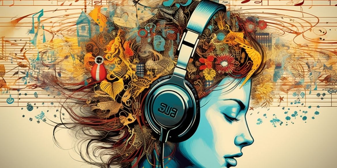 This shows a woman in headphones surrounded by musical notes.