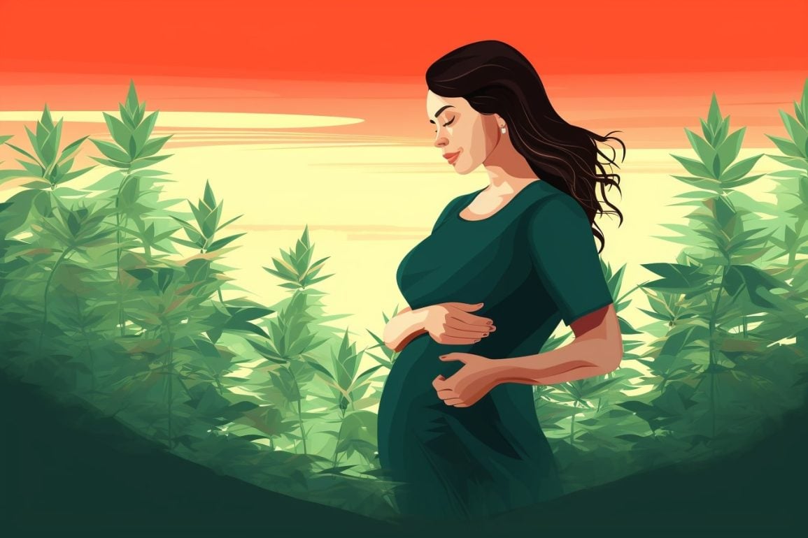 This shows a pregnant woman in a cannabis field.