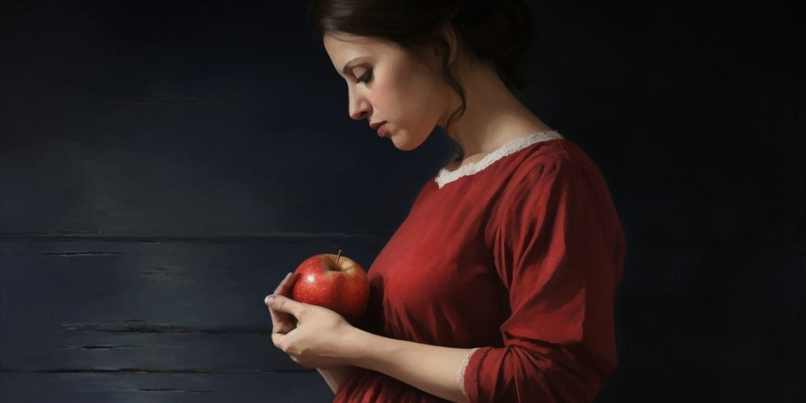 This shows a pregnant woman holding an apple.