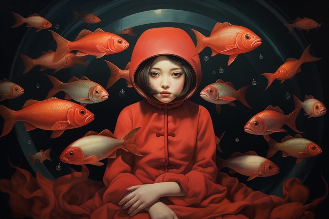 This shows a woman surrounded by swimming fish.