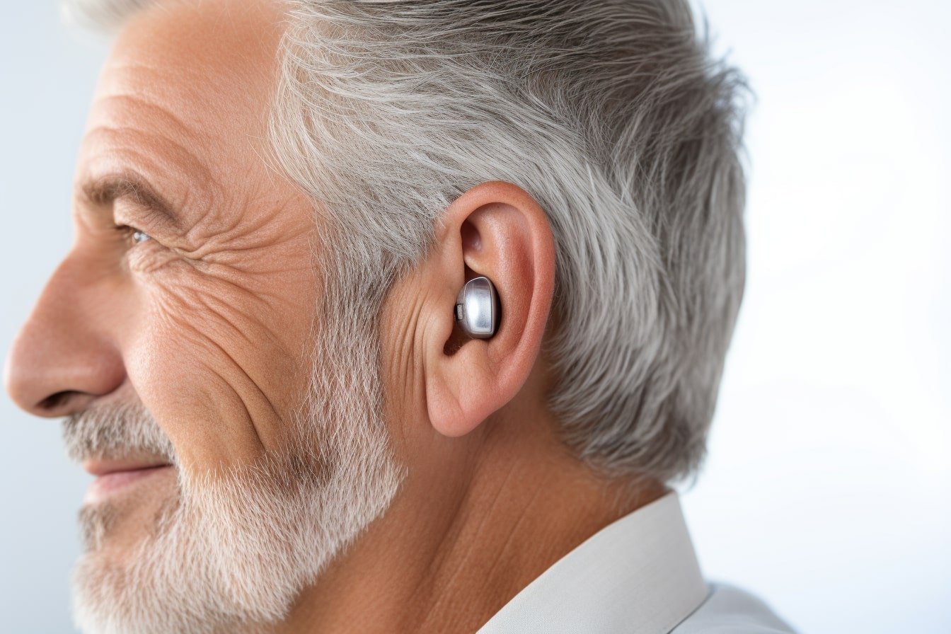 This shows a man with a hearing aid.