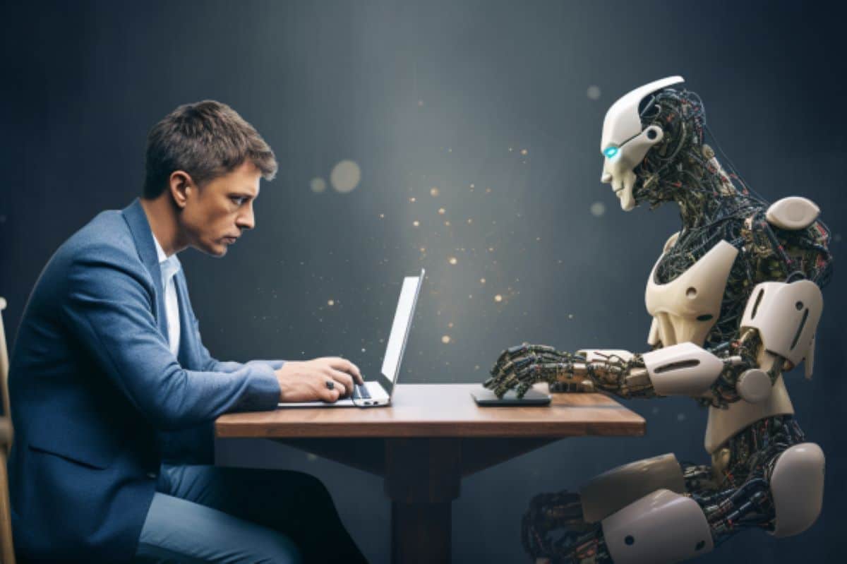 This shows a man on a laptop and a robot.