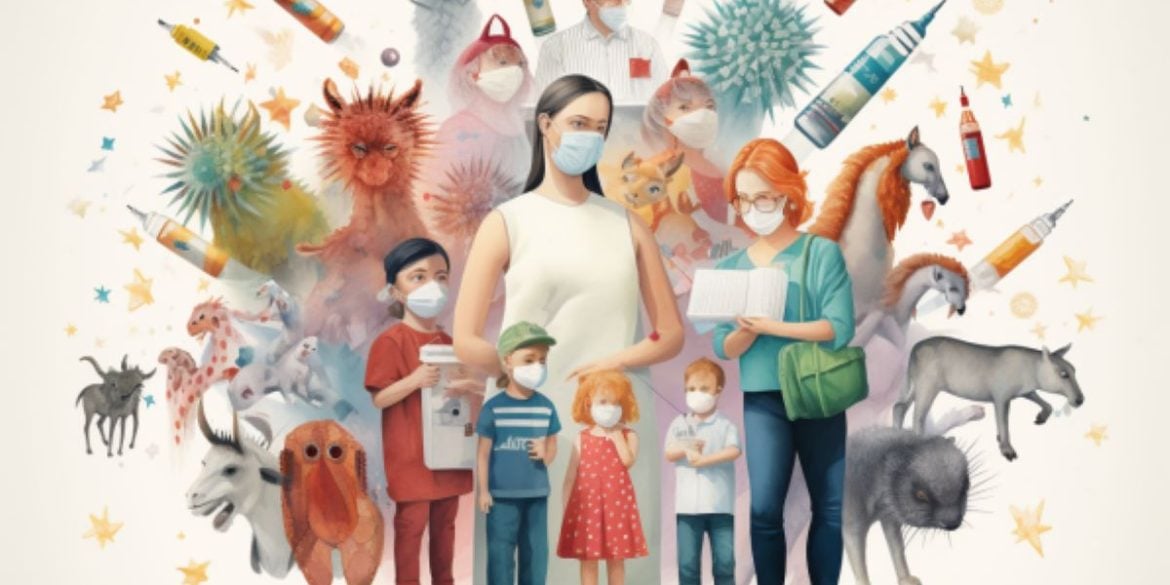 This image shows parents, kids and illustrates different myths associated with vaccines.