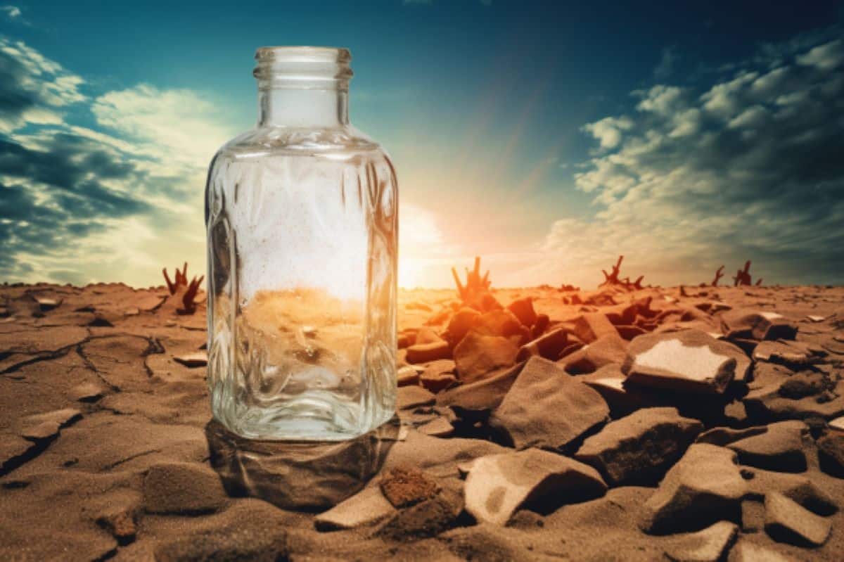This shows an empty bottle in sand.