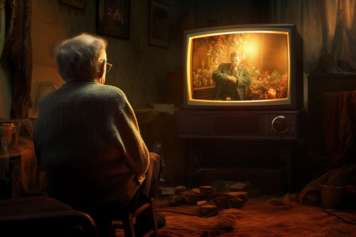 This shows an older man watching TV.