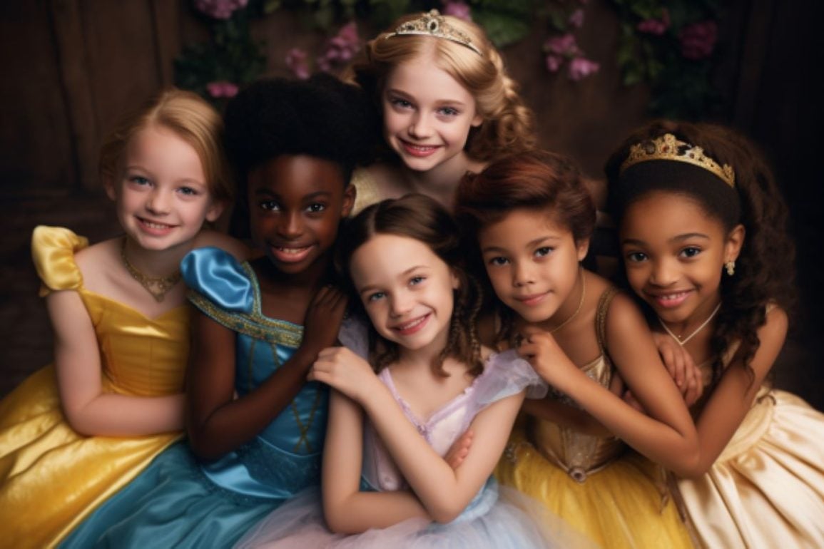 This shows little girls dressed as Disney princesses.