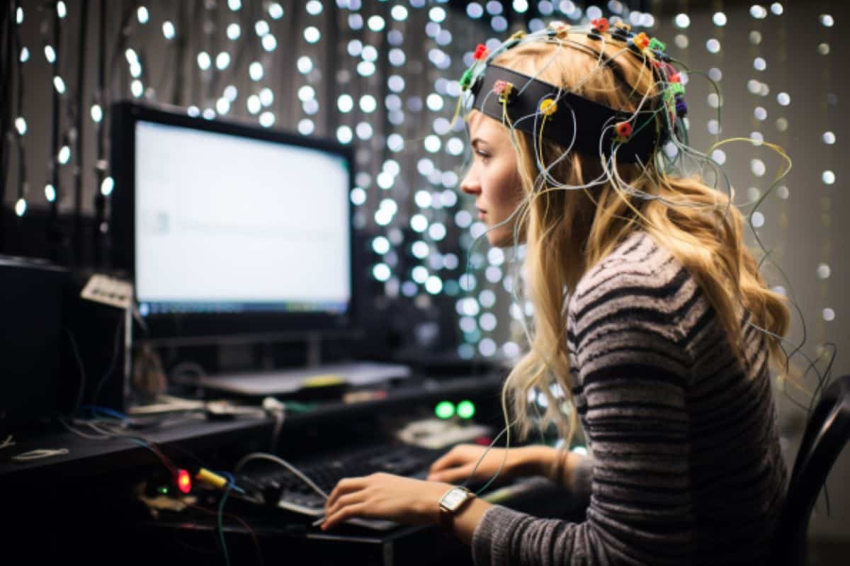 This shows a woman in an EEG cap.