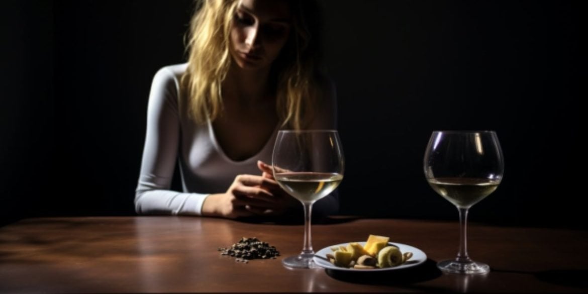This shows a woman with glasses of wine and a plate of food.