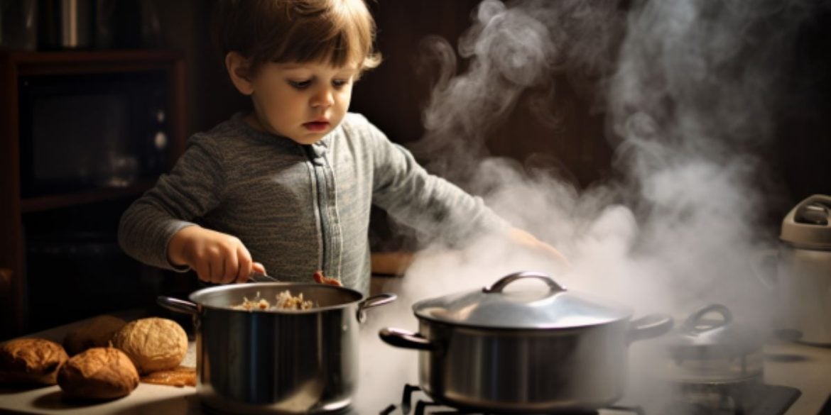 This shows a child by a stove.