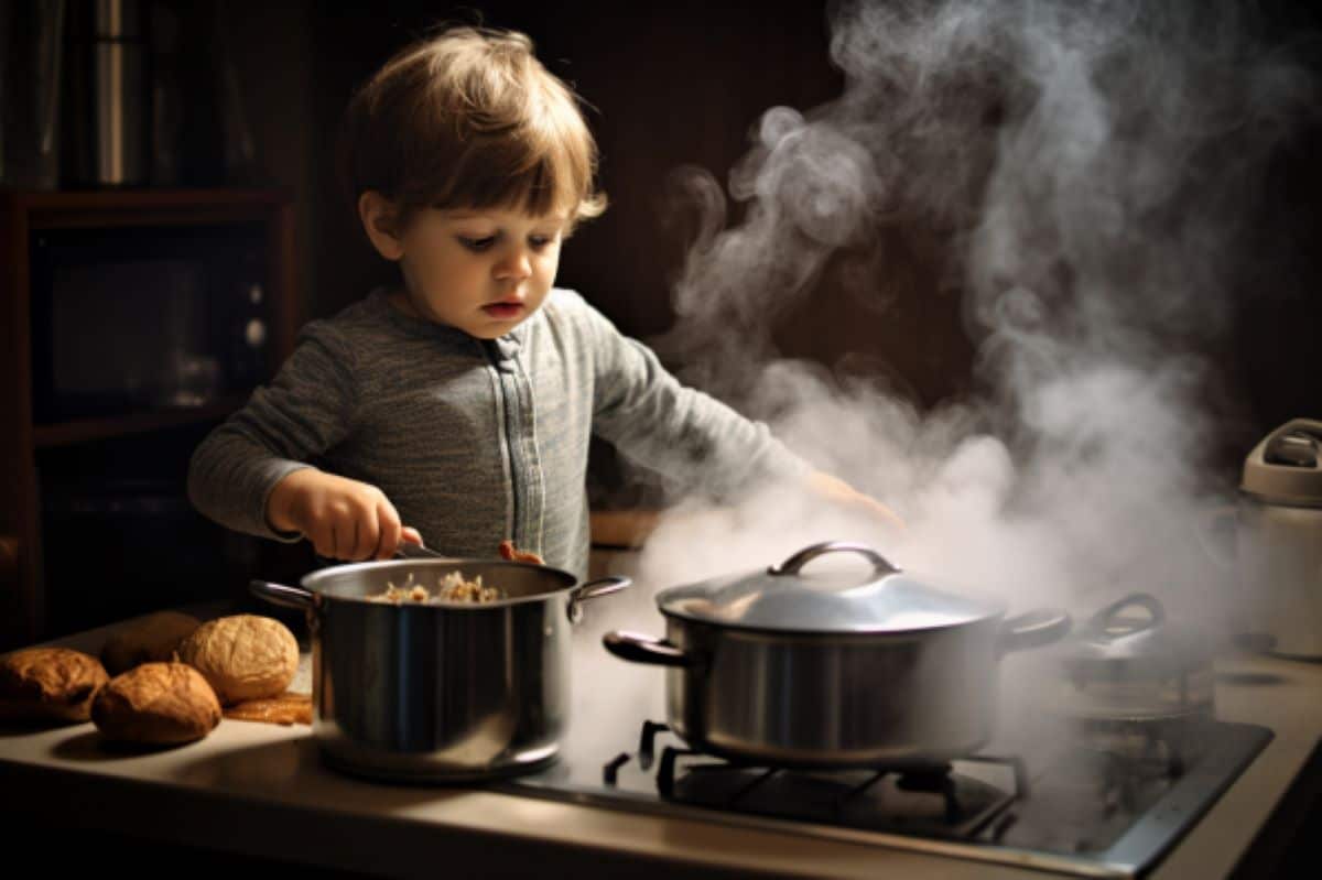 This shows a child by a stove.