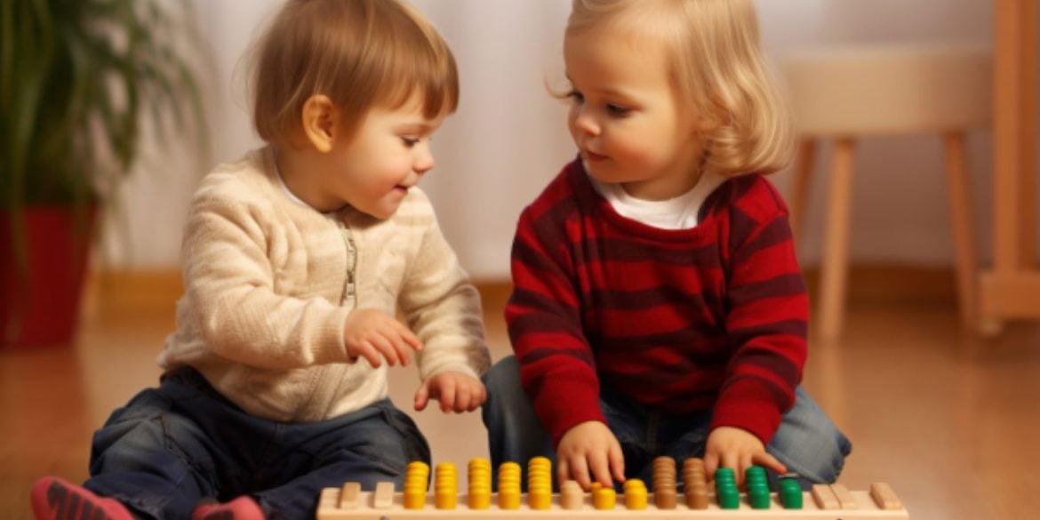 This shows two toddlers playing with a developmental toy.