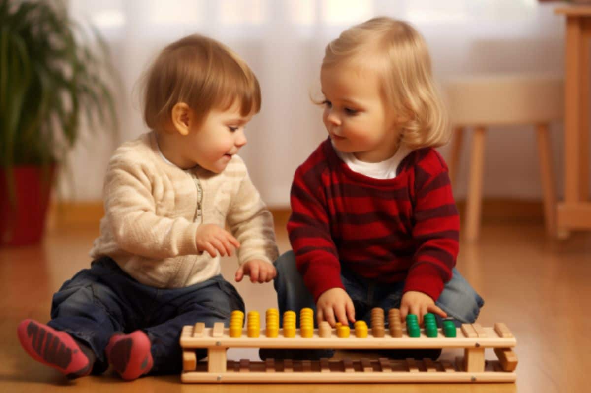 This shows two toddlers playing with a developmental toy.