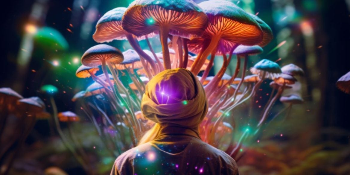 This shows mushrooms and a person looking at them.