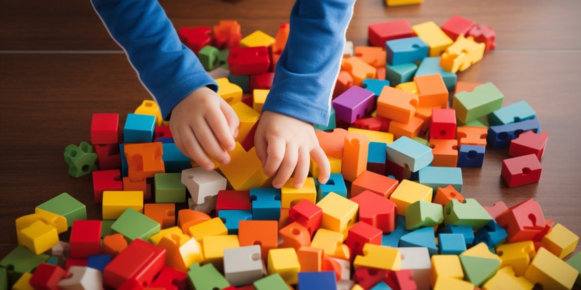 This shows a child playing with blocks.