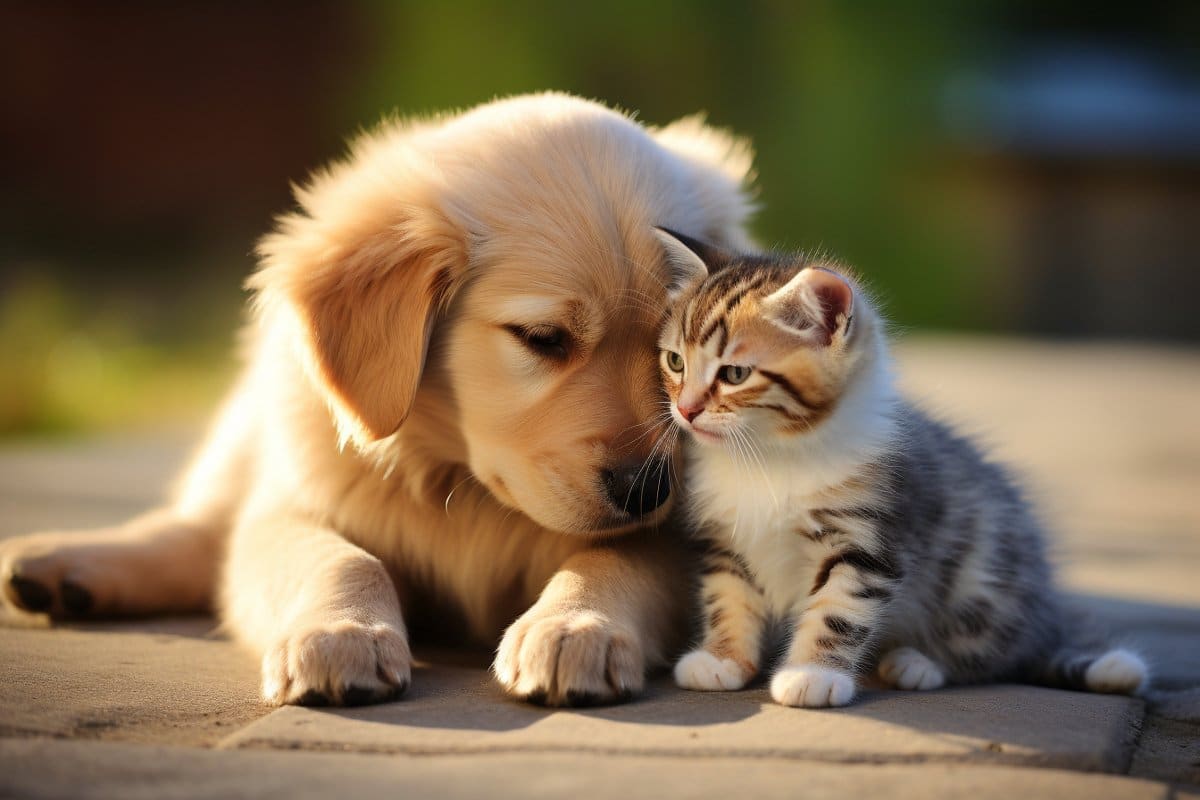 This shows a kitten and puppy.