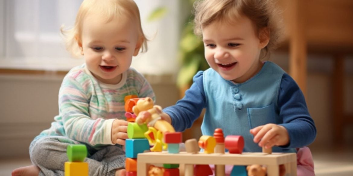 This shows two young children playing with blocks.
