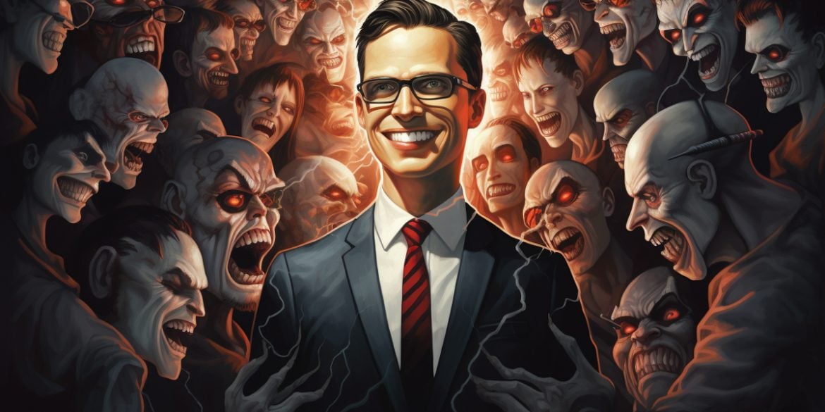 This shows a business person surrounded by demonic faces.
