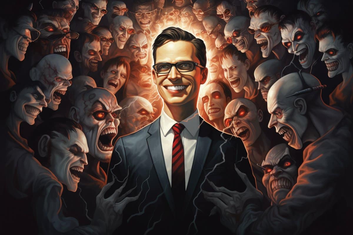 This shows a business person surrounded by demonic faces.