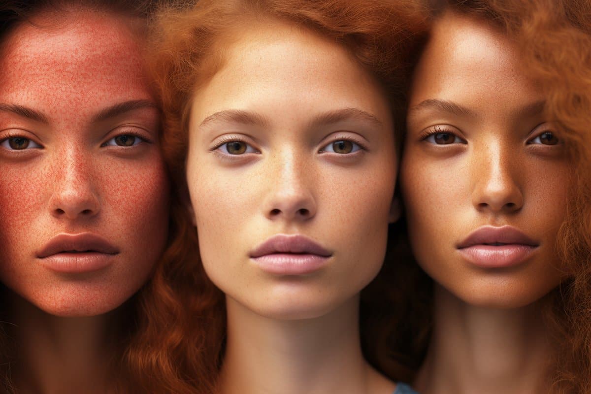 This shows three women with different color tones on their faces.