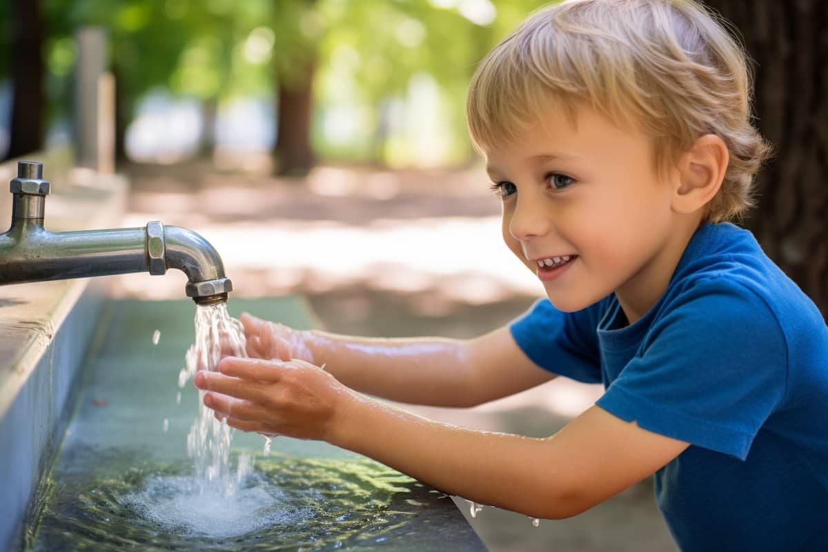 This shows a child with his hands in water.