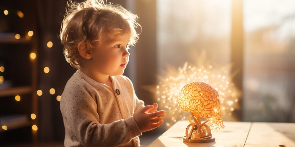 This shows a child and a glowing brain model.