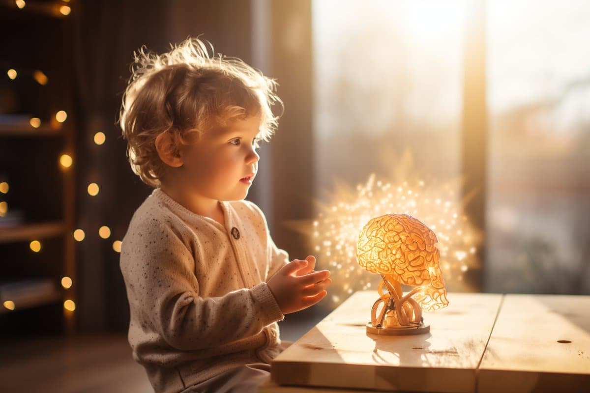 This shows a child and a glowing brain model.