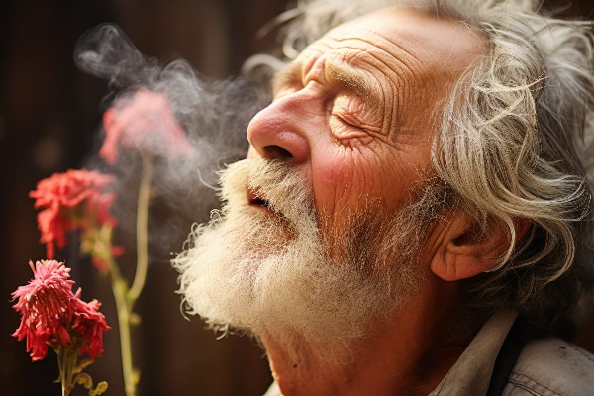 This shows an older man smelling a flower.