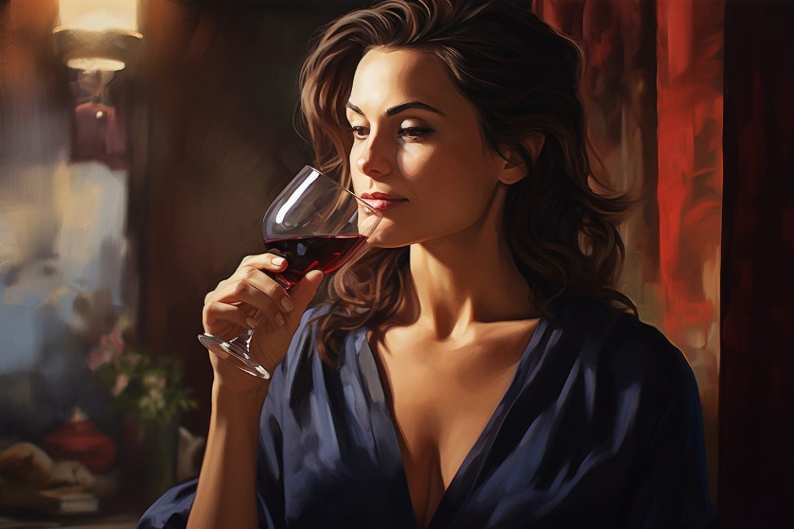 This shows a woman sniffing a glass of wine.