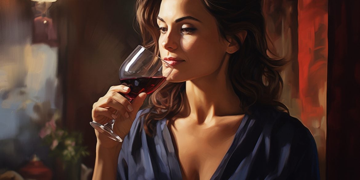 This shows a woman sniffing a glass of wine.