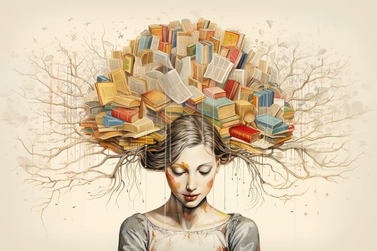 This shows a woman with a head made of books.