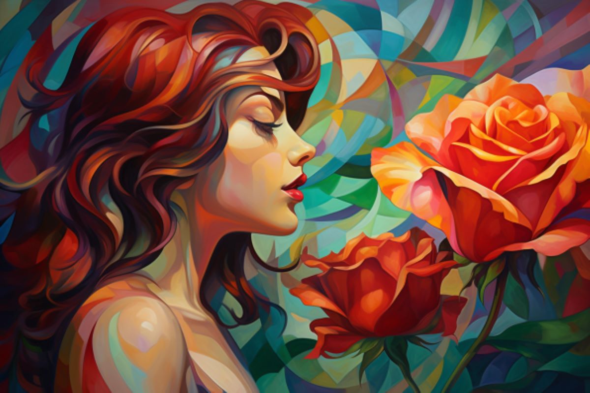 This shows a woman smelling a rose, surrounded by swirling colors.