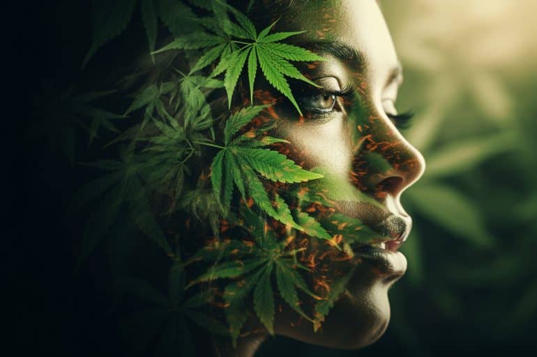 This shows a woman covered in leaves.