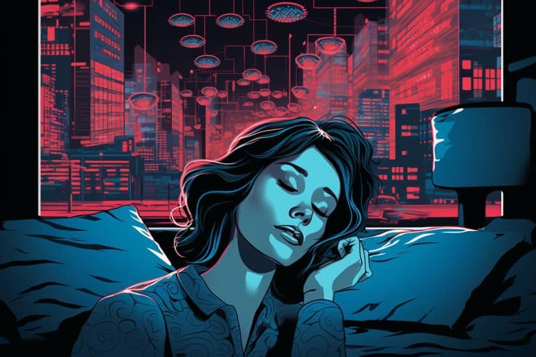 This shows a woman awake at night.