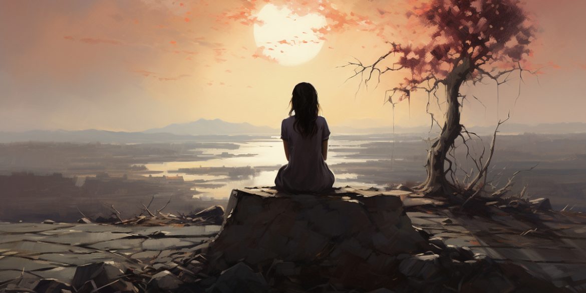 This shows a woman sitting alone on a rock.