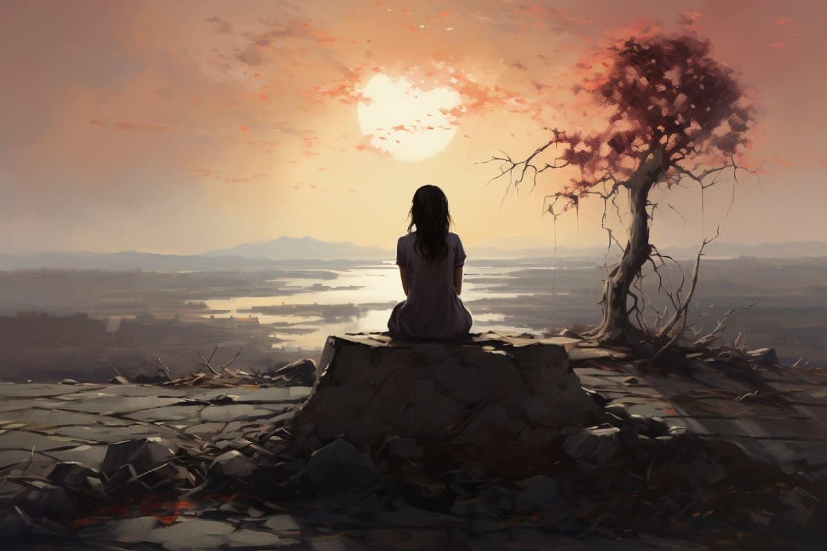 This shows a woman sitting alone on a rock.