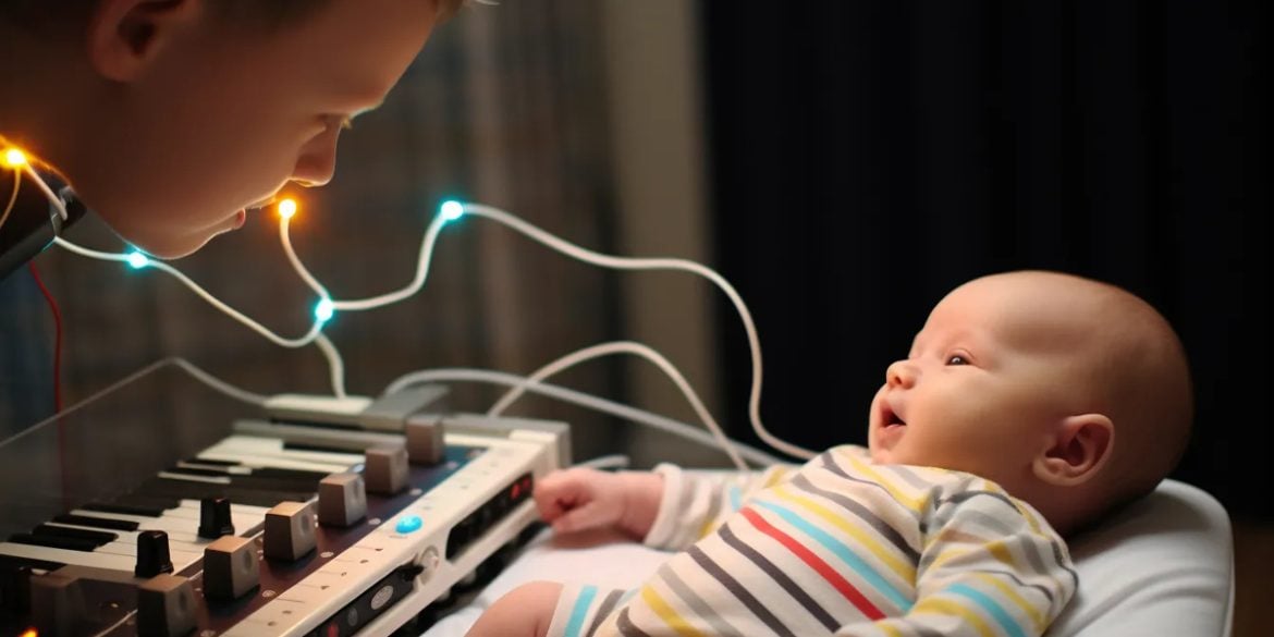 This shows a baby and a piano.