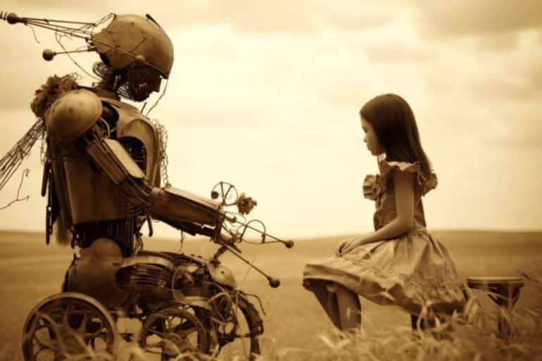 This shows a little girl and a robot.