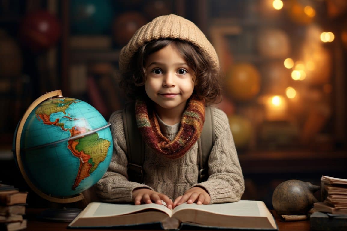 This shows a child, a book, and a globe.