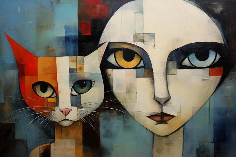 This shows a woman and a cat.