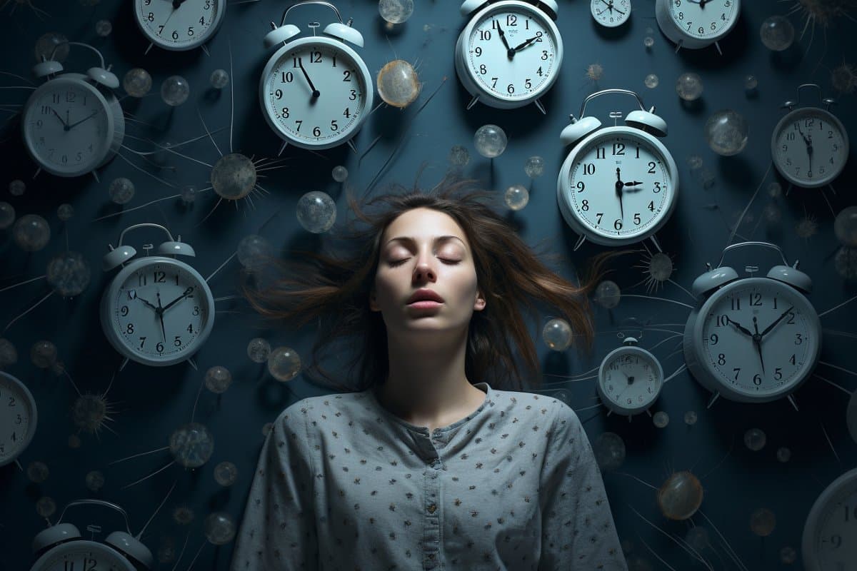 This shows a woman sleeping and clocks.