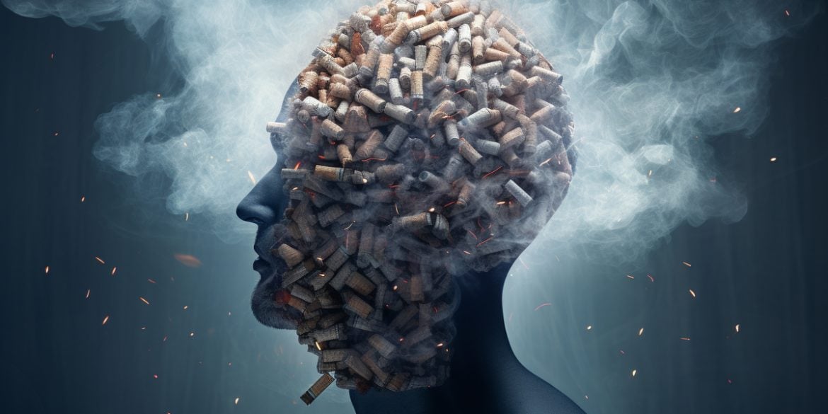 This shows a head covered in cigarette butts.