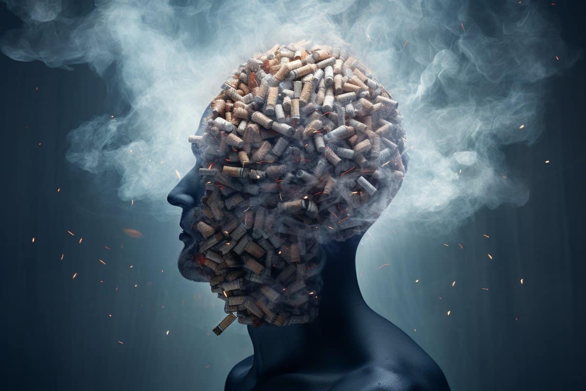 This shows a head covered in cigarette butts.