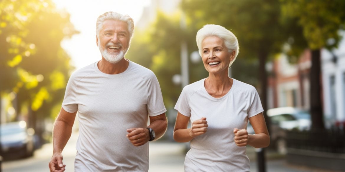 This shows an older couple running.